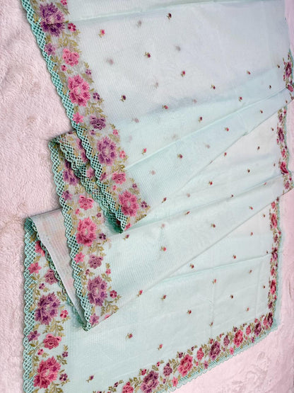 Ocean Blue Cotton Kota Designer Cutwork Embroidered Premium Banarasi Saree
