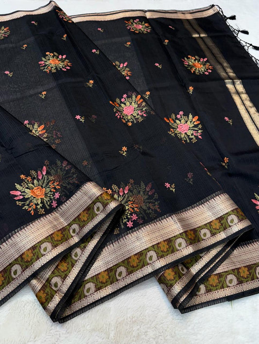 Black Cotton Kota Designer Embroidery Premium Banarasi Saree