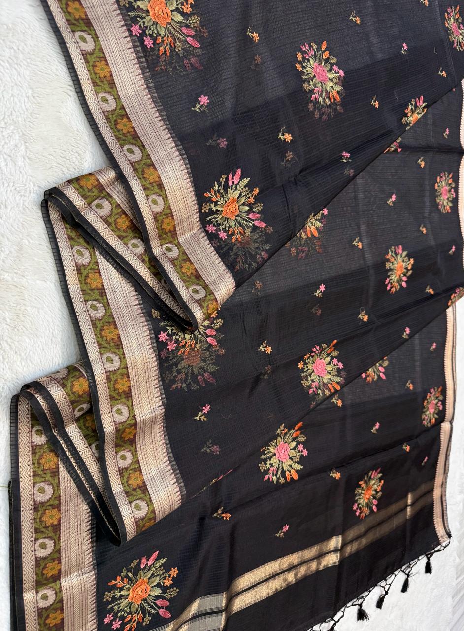 Black Cotton Kota Designer Embroidery Premium Banarasi Saree