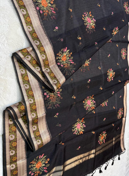 Black Cotton Kota Designer Embroidery Premium Banarasi Saree