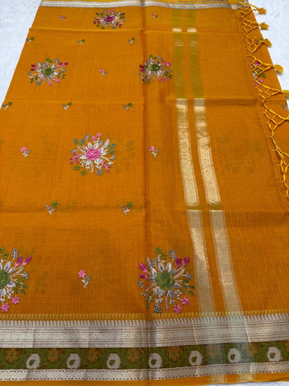 Gold Cotton Kota Designer Embroidery Premium Banarasi Saree