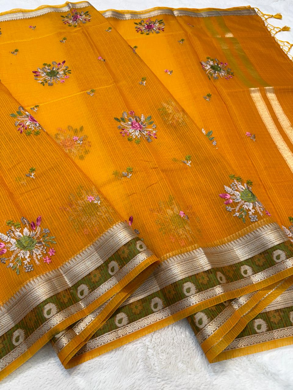 Gold Cotton Kota Designer Embroidery Premium Banarasi Saree