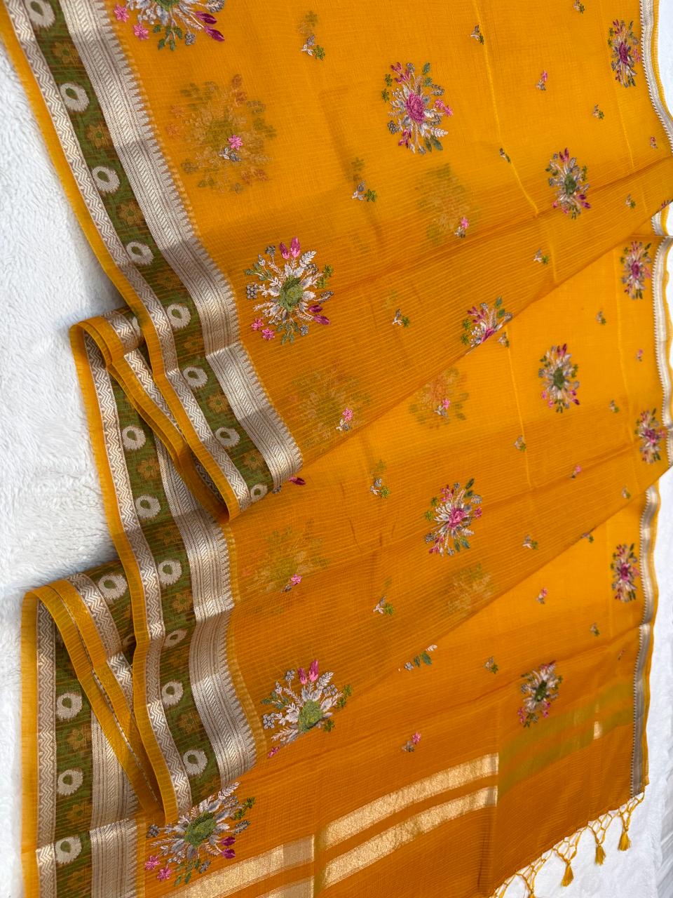 Gold Cotton Kota Designer Embroidery Premium Banarasi Saree