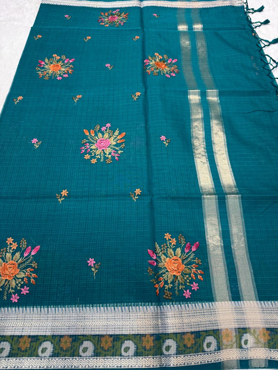 Deep Teal Cotton Kota Designer Embroidery Premium Banarasi Saree