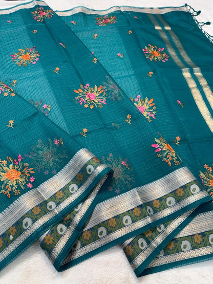 Deep Teal Cotton Kota Designer Embroidery Premium Banarasi Saree
