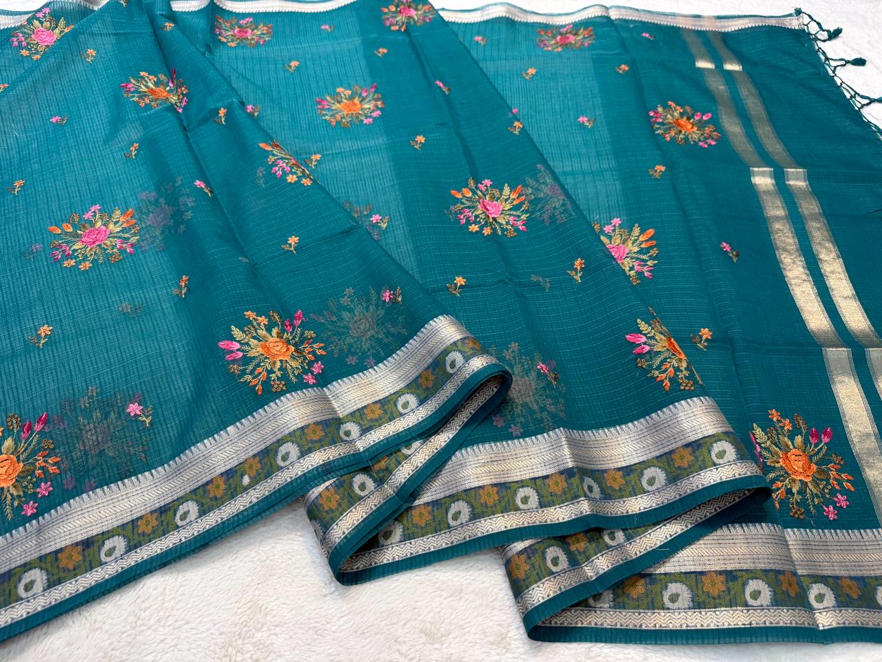 Deep Teal Cotton Kota Designer Embroidery Premium Banarasi Saree