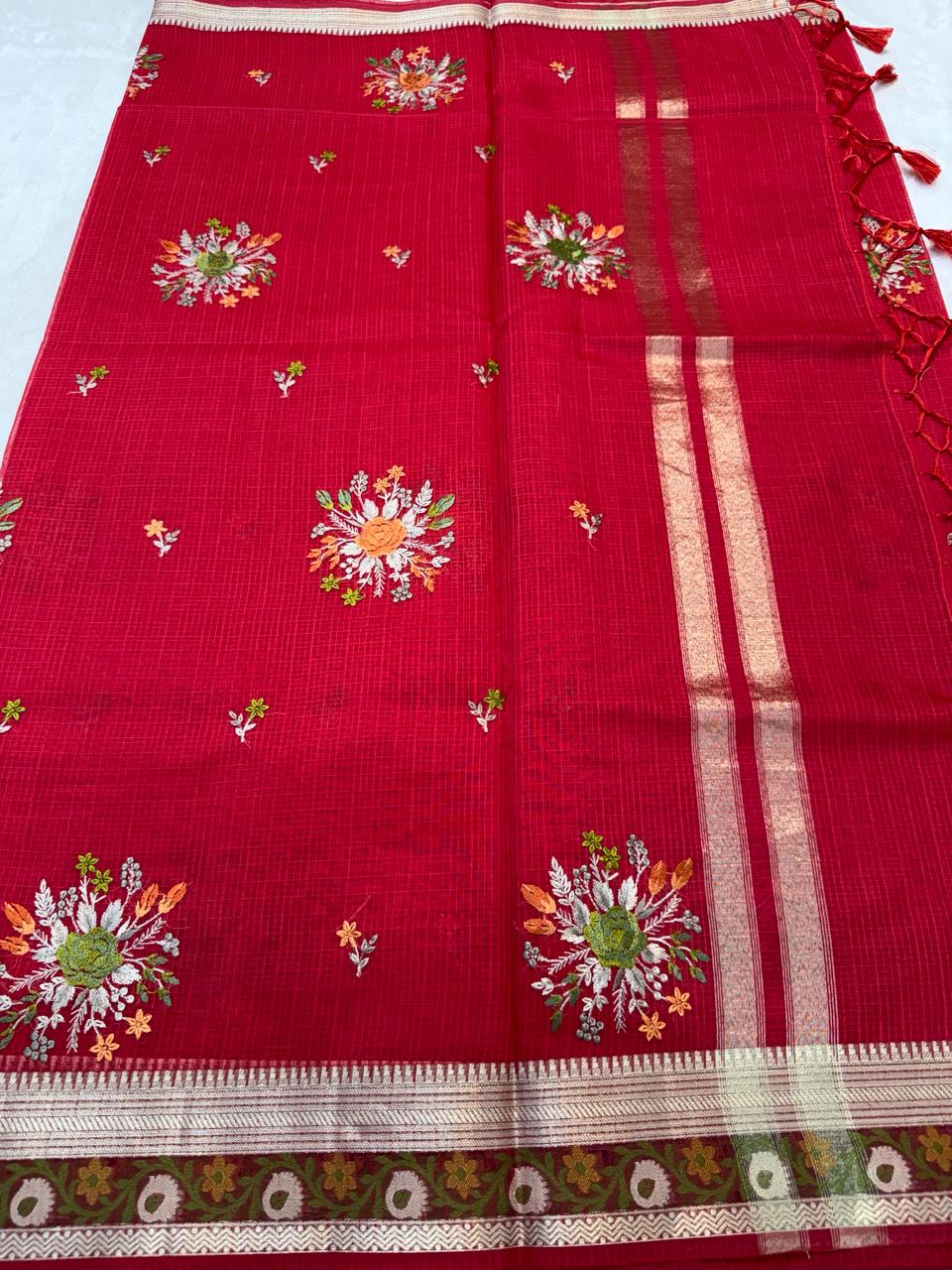 Red Cotton Kota Designer Embroidery Premium Banarasi Saree