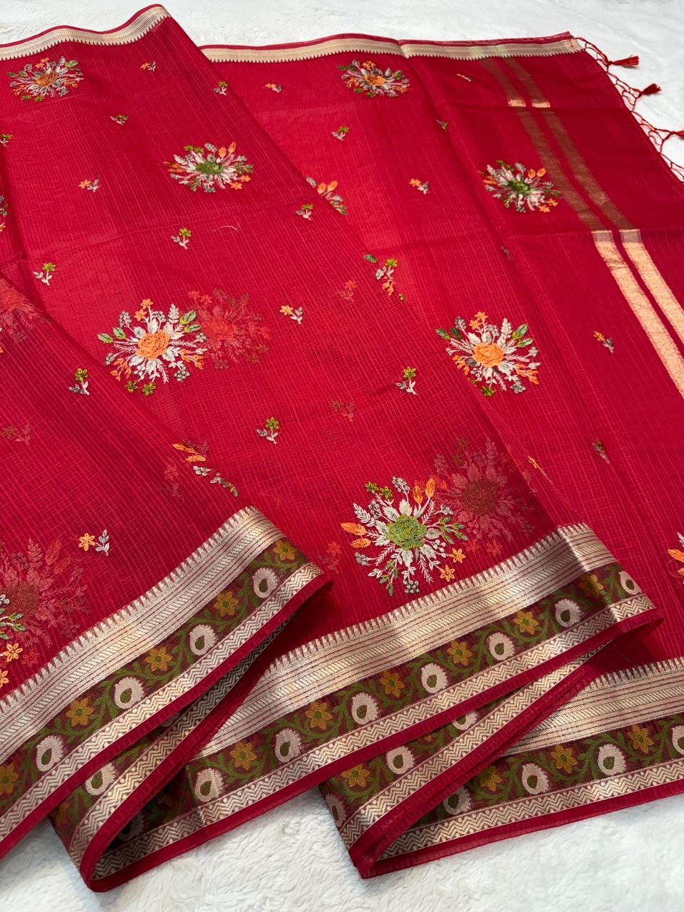 Red Cotton Kota Designer Embroidery Premium Banarasi Saree