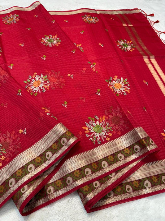 Red Cotton Kota Designer Embroidery Premium Banarasi Saree