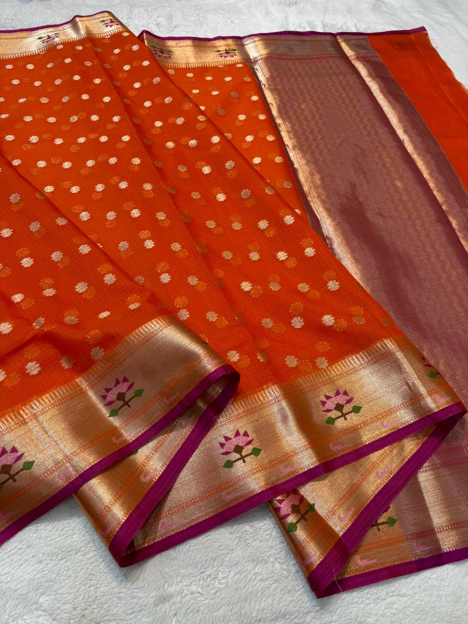 Orange Cotton Kota Paithani Border Premium Banarasi Saree