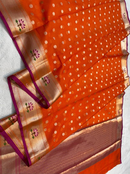 Orange Cotton Kota Paithani Border Premium Banarasi Saree