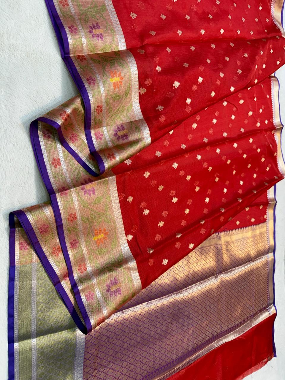 Red Cotton Kota Paithani Border Premium Banarasi Saree