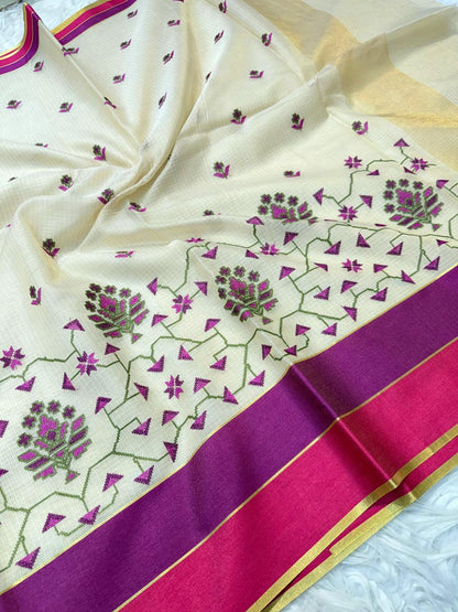 White Multi Shade Border Tissue Kota Embroidery Banarasi Saree (Copy)