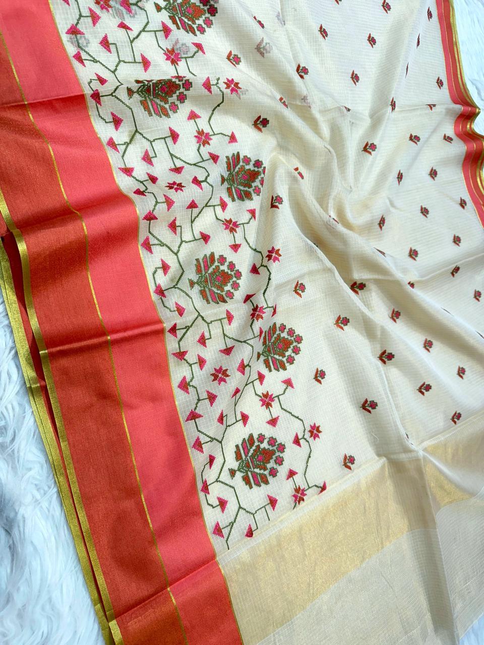 White Multi Shade Border Tissue Kota Embroidery Banarasi Saree