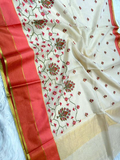 White Multi Shade Border Tissue Kota Embroidery Banarasi Saree