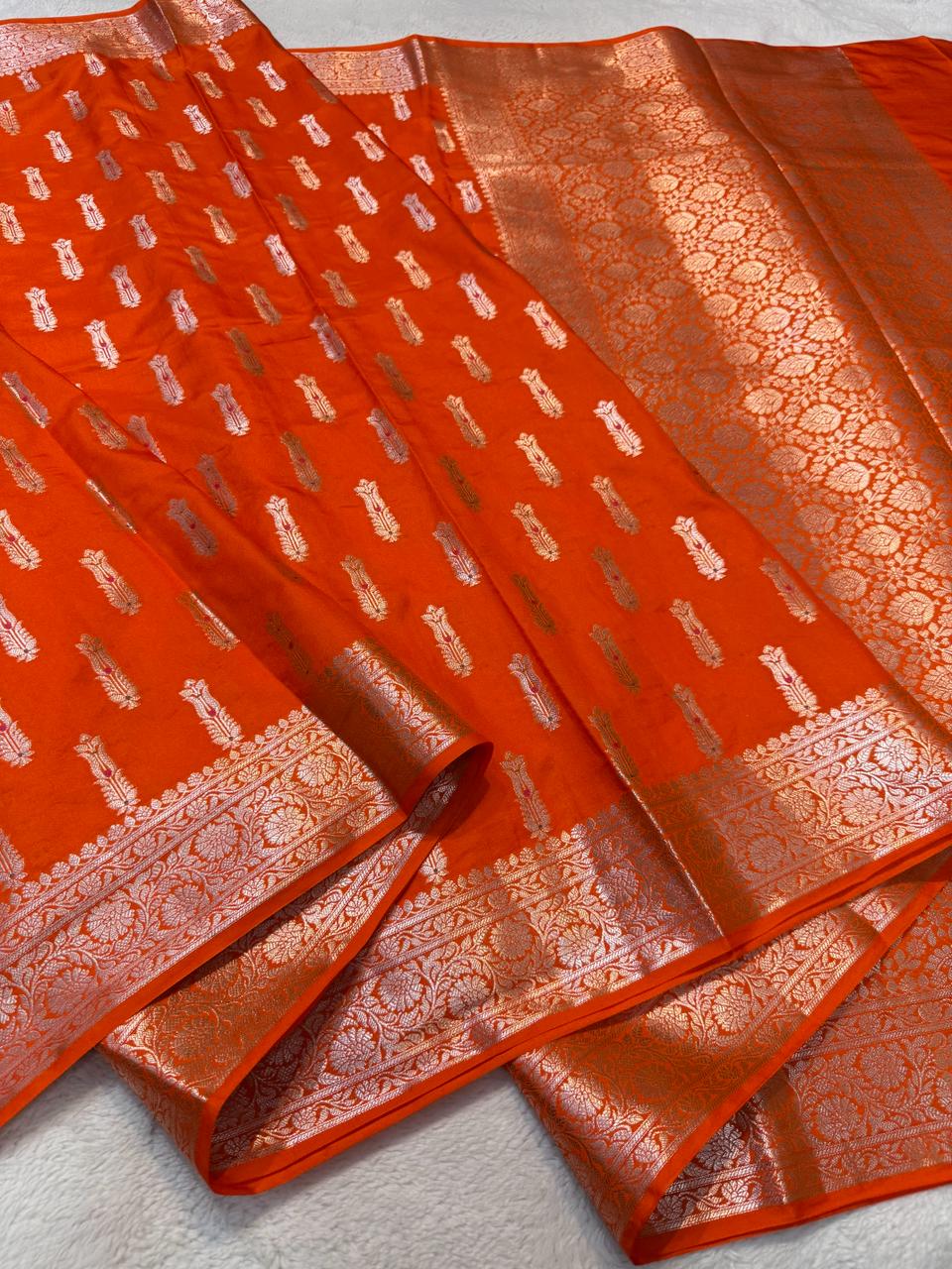 Orange Semi Katan Premium Banarasi Saree