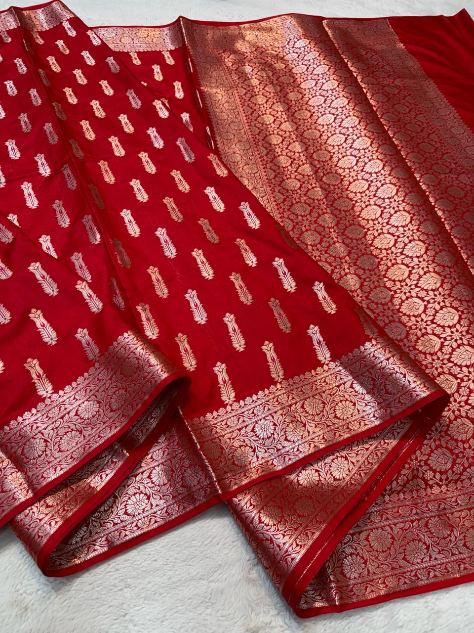 Red Semi Katan Premium Banarasi Saree