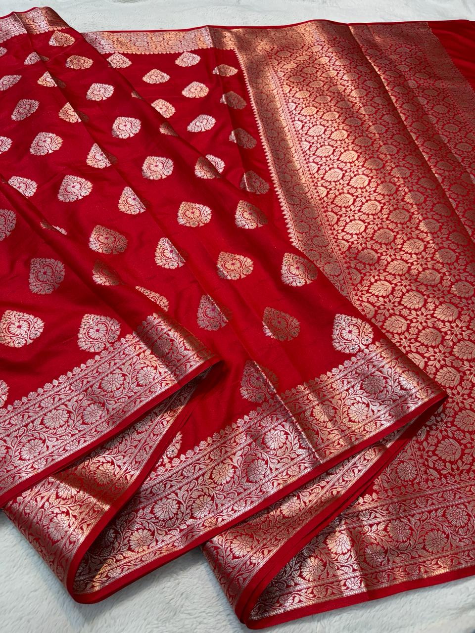 Red Semi Katan Premium Banarasi Saree