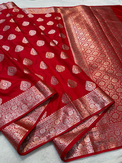 Red Semi Katan Premium Banarasi Saree