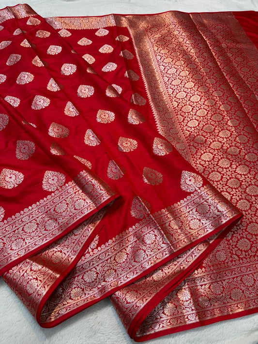 Red Semi Katan Premium Banarasi Saree