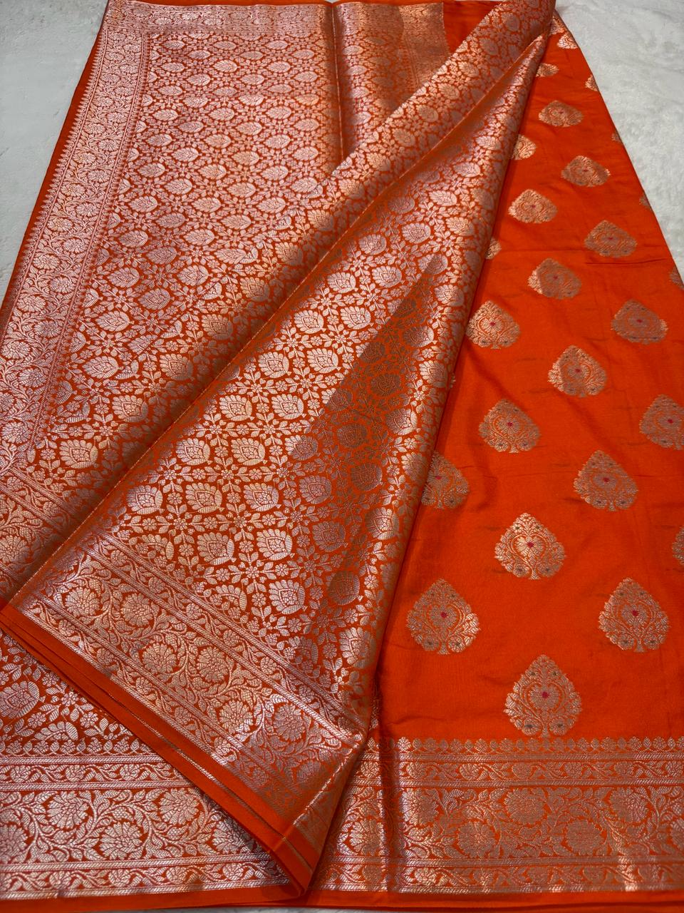 Orange Semi Katan Premium Banarasi Saree