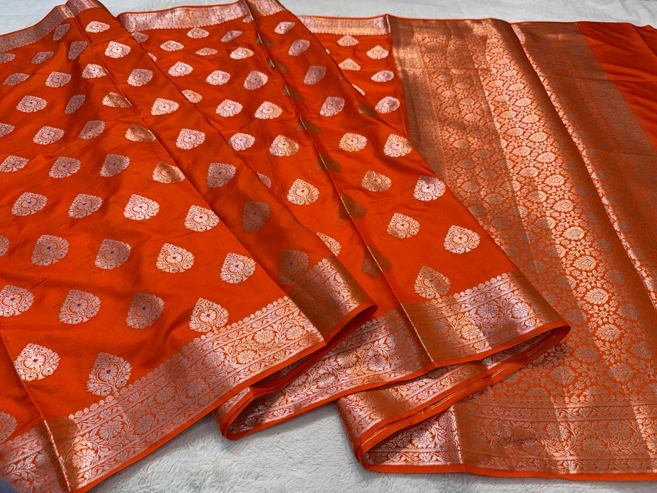 Orange Semi Katan Premium Banarasi Saree