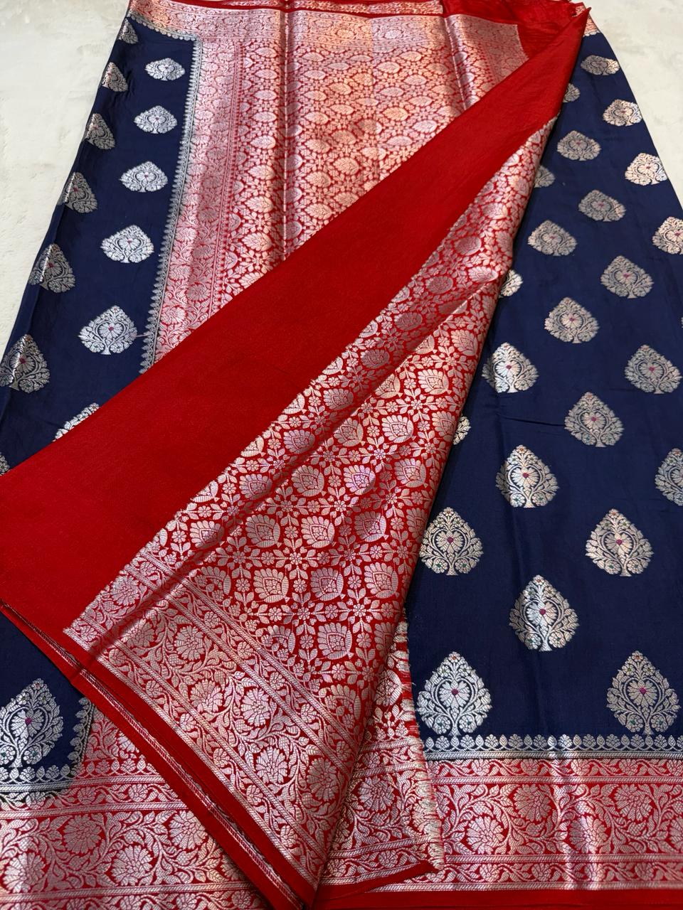 German Blue Semi Katan Premium Banarasi Saree