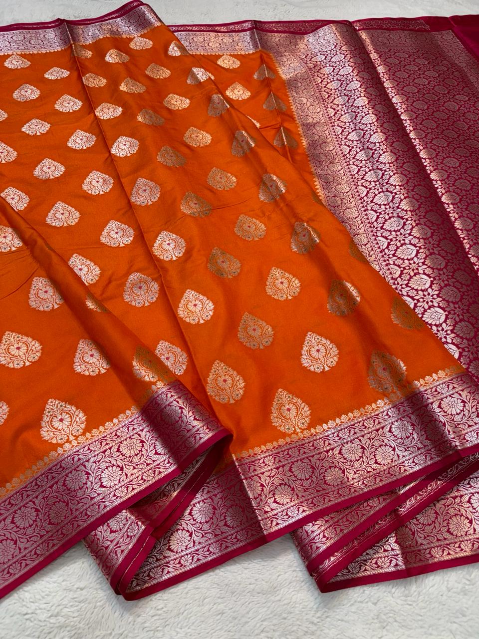 Orange Semi Katan Premium Banarasi Saree
