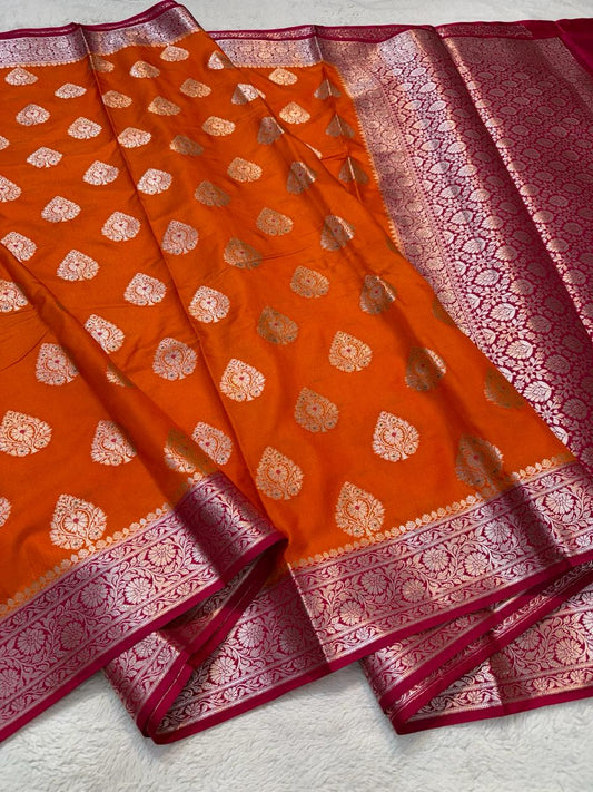 Orange Semi Katan Premium Banarasi Saree