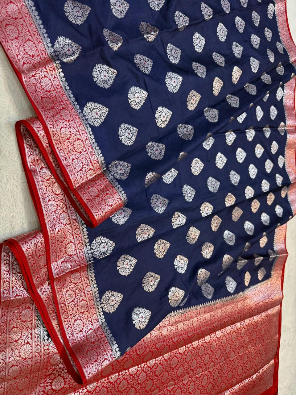 German Blue Semi Katan Premium Banarasi Saree