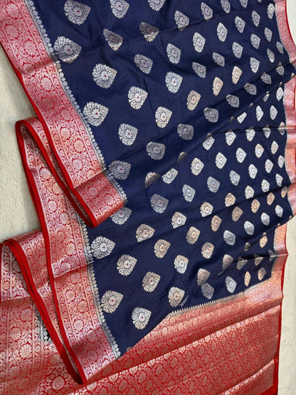German Blue Semi Katan Premium Banarasi Saree
