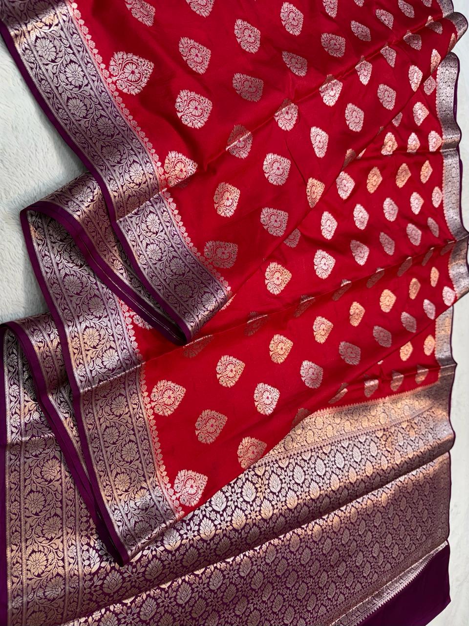 Red Semi Katan Premium Banarasi Saree