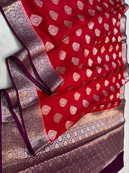 Red Semi Katan Premium Banarasi Saree