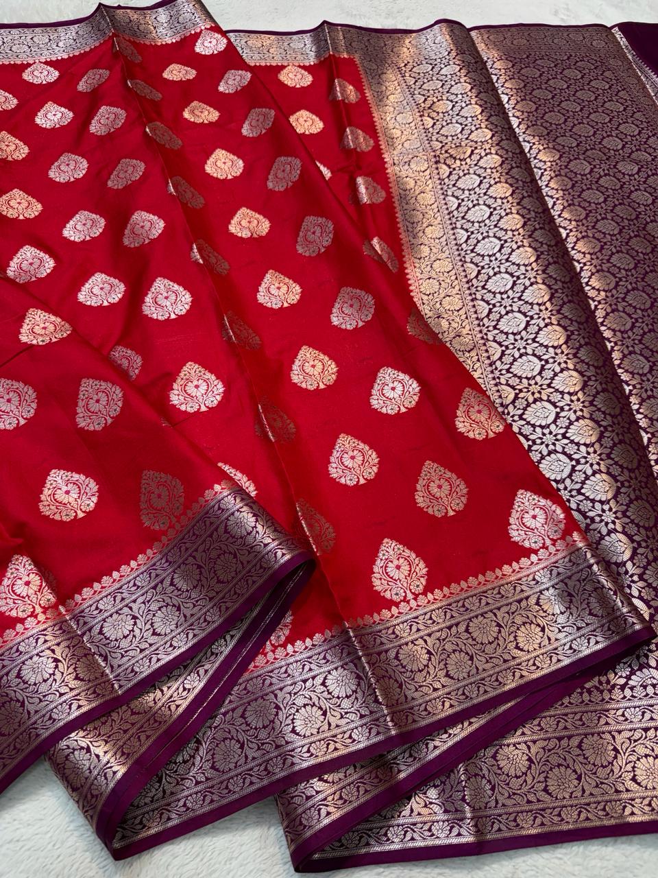 Red Semi Katan Premium Banarasi Saree