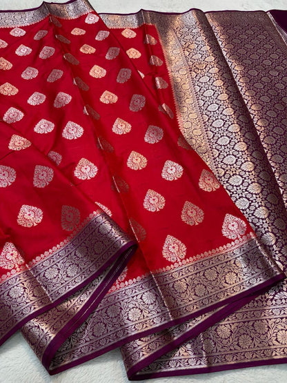 Red Semi Katan Premium Banarasi Saree