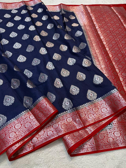 German Blue Semi Katan Premium Banarasi Saree