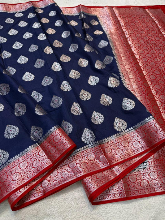 German Blue Semi Katan Premium Banarasi Saree