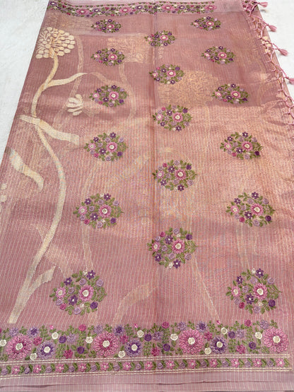 Baby Pink Tissue Kota Designer Embroidery Premium Banarasi Saree