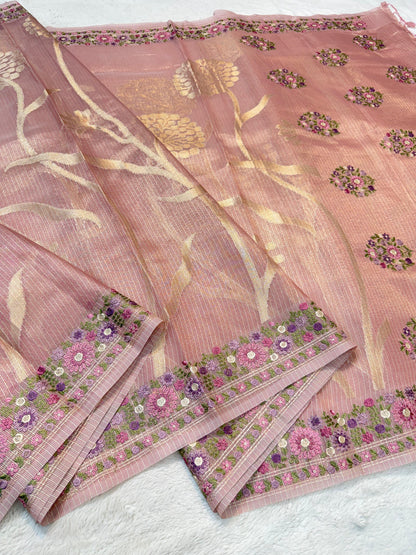 Baby Pink Tissue Kota Designer Embroidery Premium Banarasi Saree
