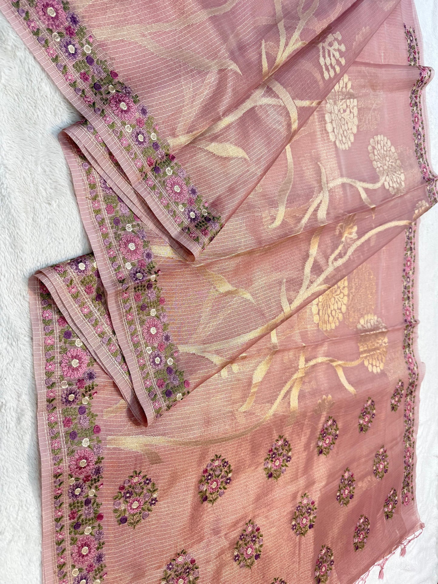 Baby Pink Tissue Kota Designer Embroidery Premium Banarasi Saree