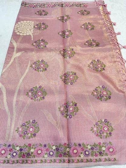 Peach Tissue Kota Designer Embroidery Premium Banarasi Saree