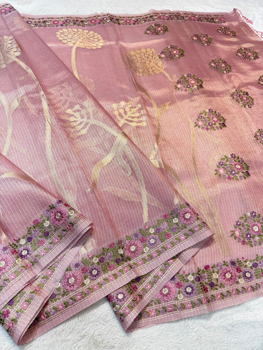 Peach Tissue Kota Designer Embroidery Premium Banarasi Saree