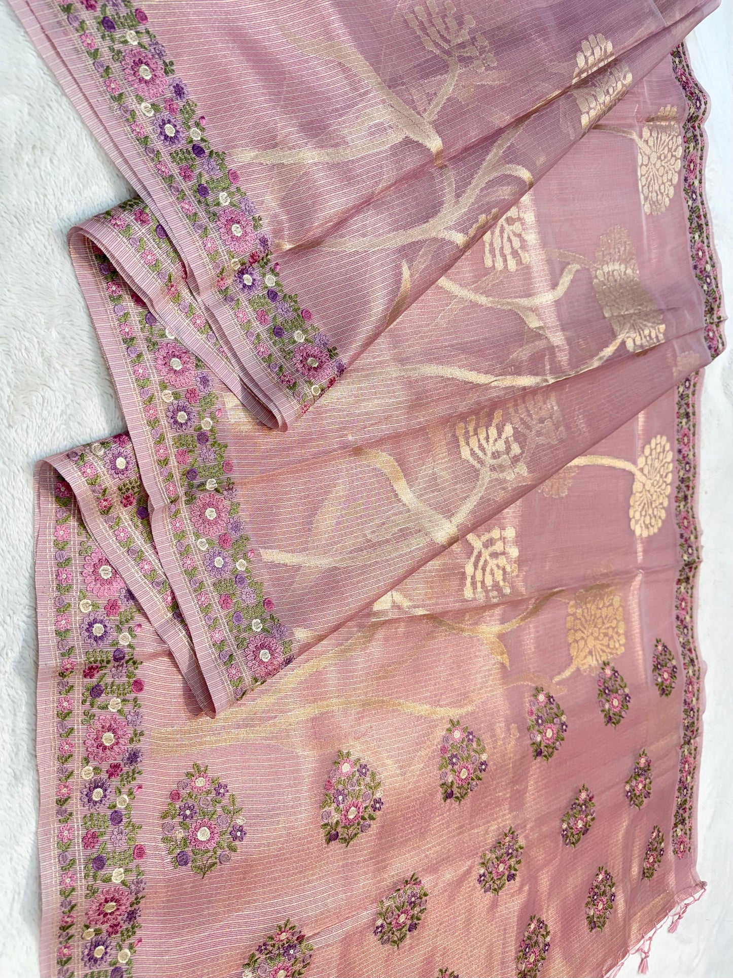 Peach Tissue Kota Designer Embroidery Premium Banarasi Saree