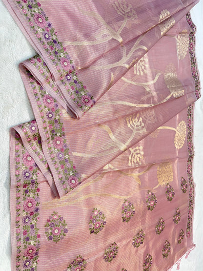 Peach Tissue Kota Designer Embroidery Premium Banarasi Saree