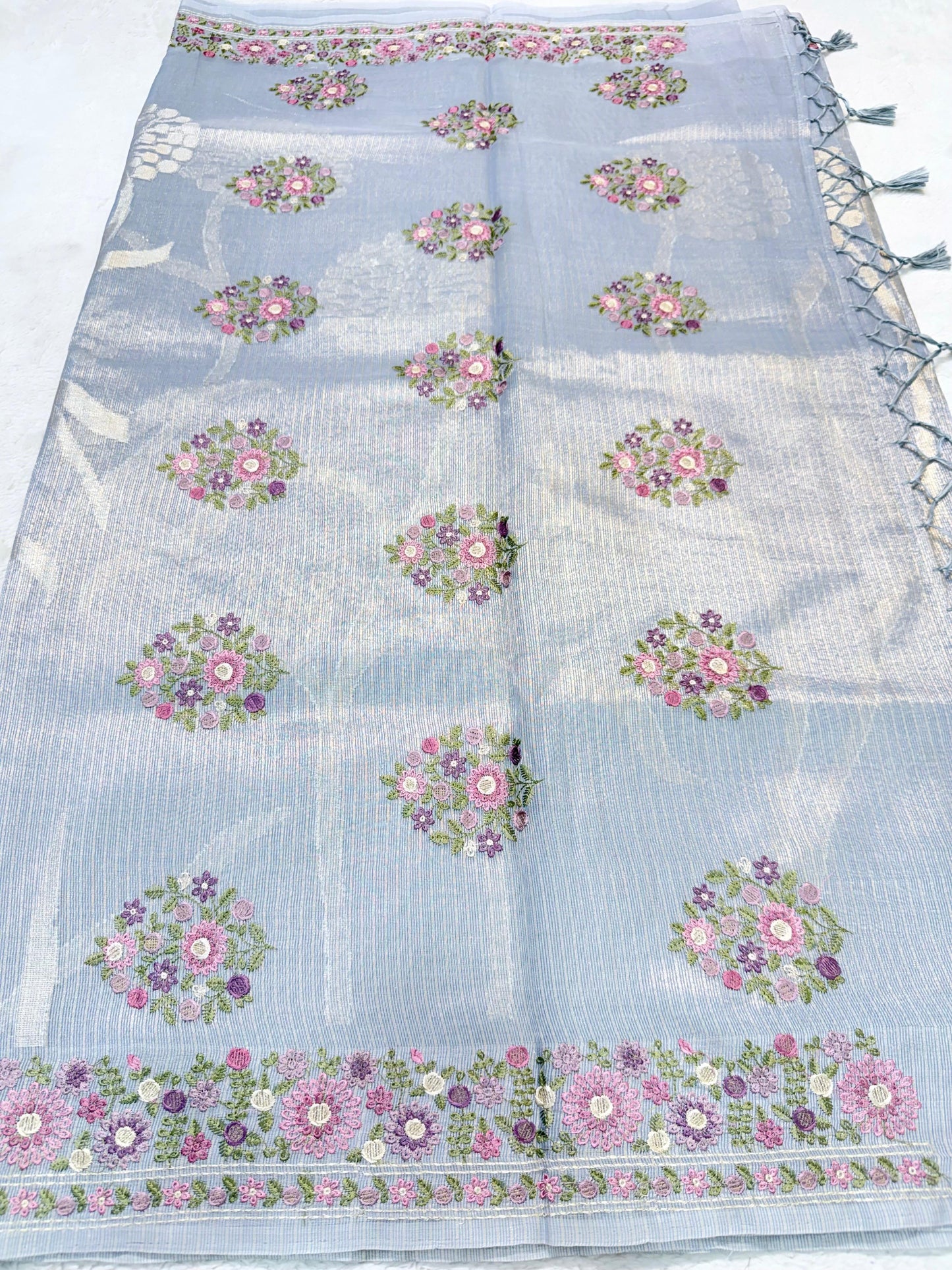 Powder Blue Tissue Kota Designer Embroidery Premium Banarasi Saree