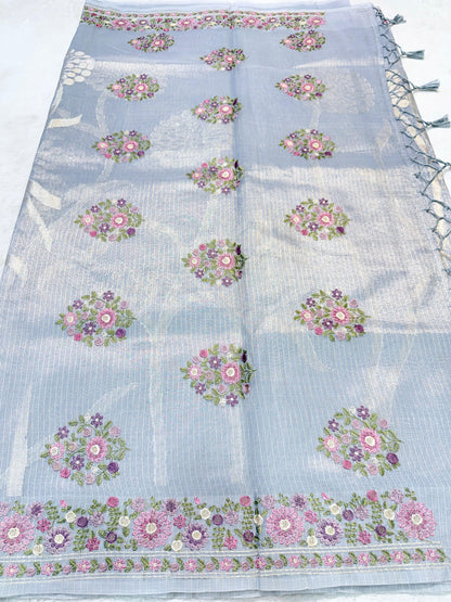 Powder Blue Tissue Kota Designer Embroidery Premium Banarasi Saree