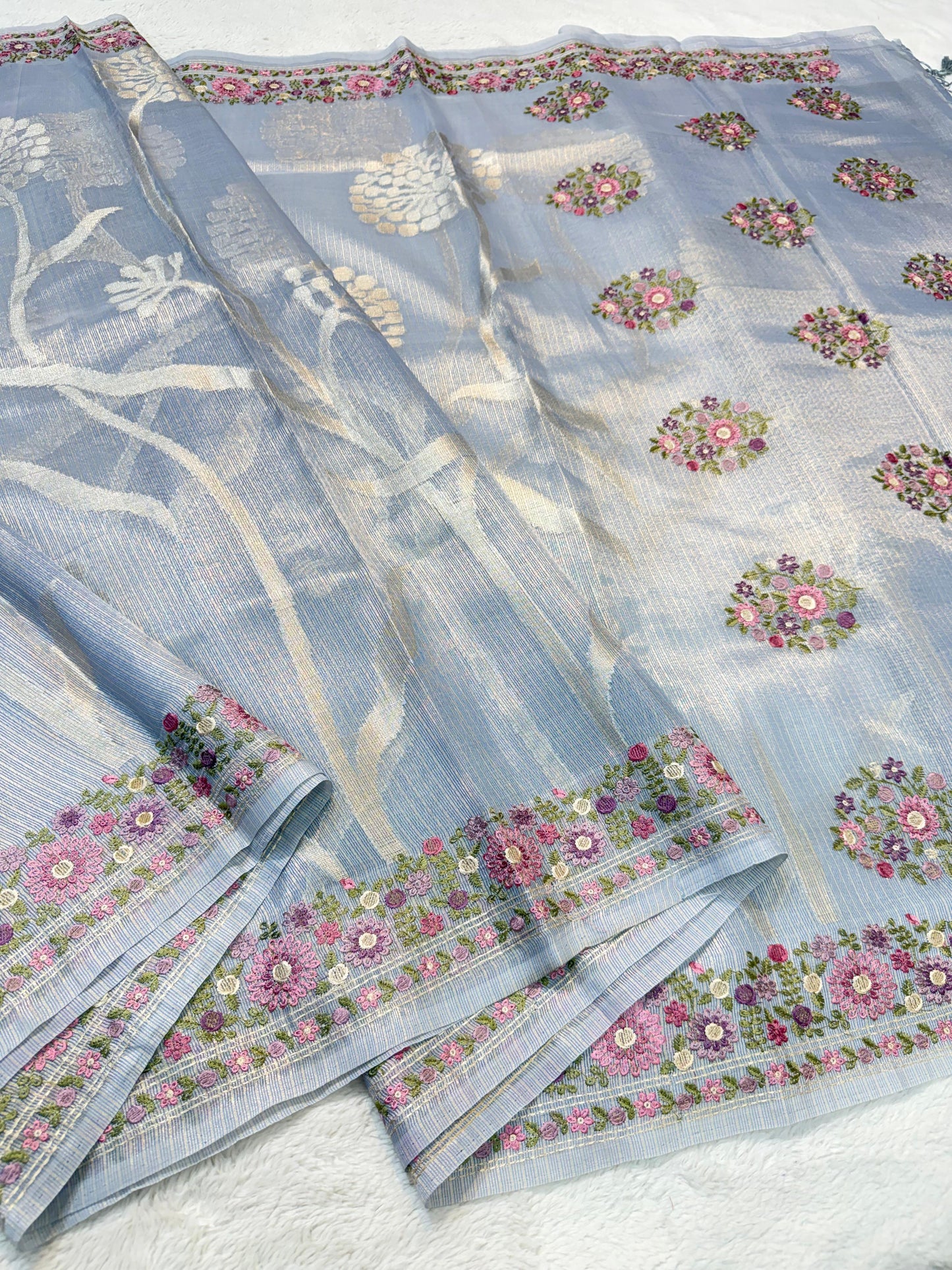 Powder Blue Tissue Kota Designer Embroidery Premium Banarasi Saree