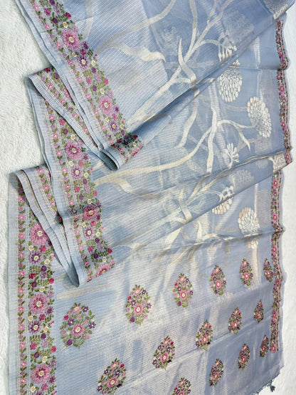 Powder Blue Tissue Kota Designer Embroidery Premium Banarasi Saree