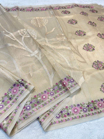 Lemon Yellow Tissue Kota Designer Embroidery Premium Banarasi Saree