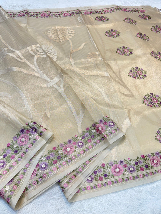 Lemon Yellow Tissue Kota Designer Embroidery Premium Banarasi Saree